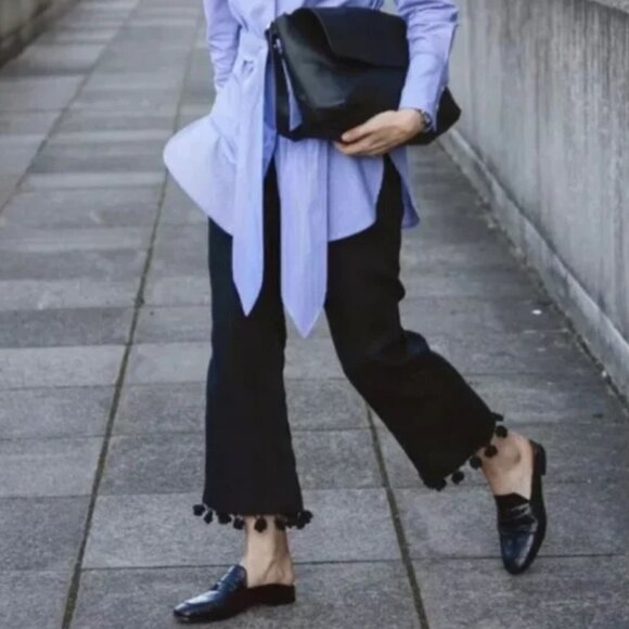 NEW Zara Black Pompom Tassel Hem Cropped Flare Career  Pants Trousers Size S - Picture 5 of 16